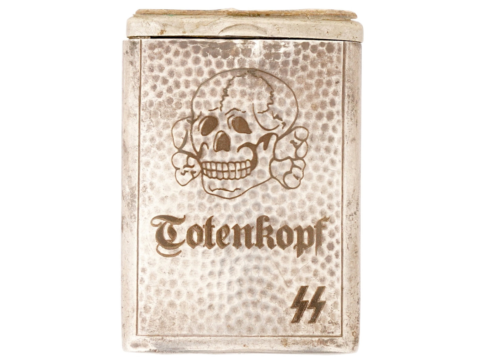 NAZI GERMAN SS TOTENKOPF 830 SILVER MATCH BOX: A World War II Nazi German silver match box featuring the SS Totenkopf emblem. The interior is gilt. Etched inscription JCEAG and hallmark of 830 silver standard on the bottom. Total Weight: 35 grams.