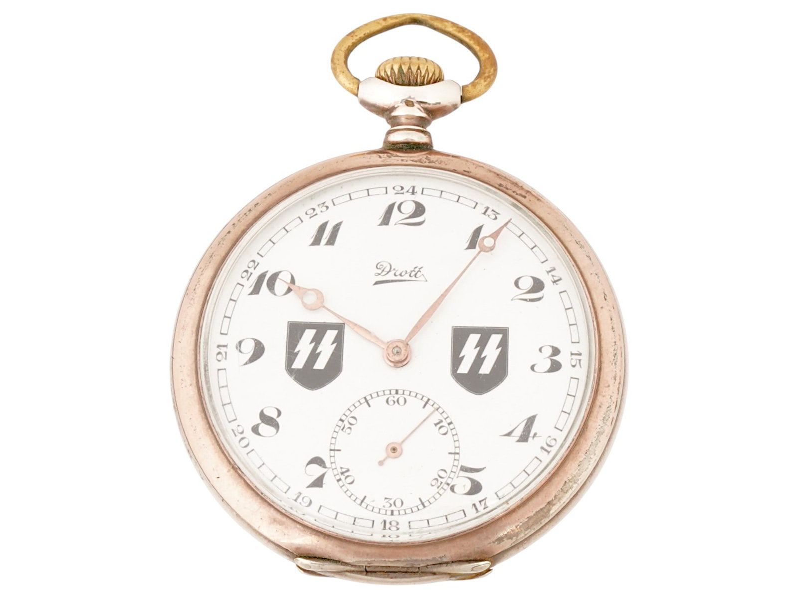 NAZI GERMAN 15 RUBIS SILVER POCKET WATCH BY DROTT: An early to mid-20th century silver pocket watch by Drott, a Swedish clock manufacture. Open face type. 15 Rubis. Guilloche backside surface with engraved SS runes and motto Meine Ehre heisst Treue, M