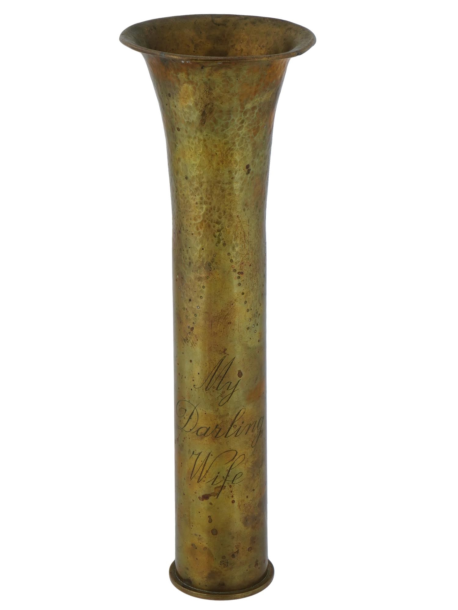 WWII GERMAN ANTI-TANK 37MM PAK36 BRASS SHELL TRENCH ART: A WWII German brass shell from a PAK 36, a 37mm caliber German anti-tank gun used during the Second World War repurposed as a trench art piece by an American veteran. The shell is engraved with the wo