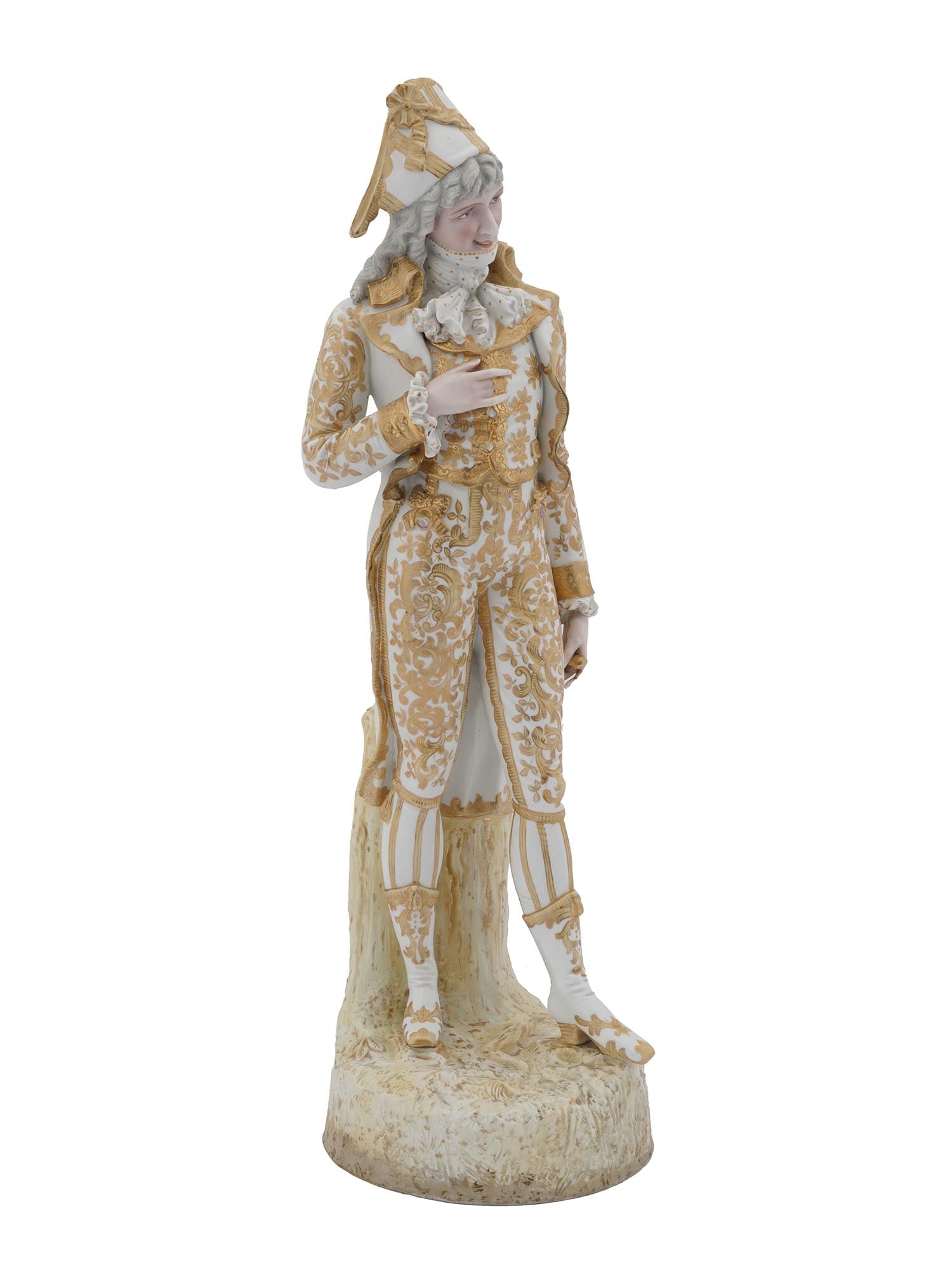 ANTIQUE GERMAN GILT PORCELAIN FIGURINE OF OFFICER: An antique 19th-century German porcelain figurine representing a young officer in a tricorn. The piece is hand-painted, the clothing is richly covered with golden ornaments. Rococo style. Handwritten 