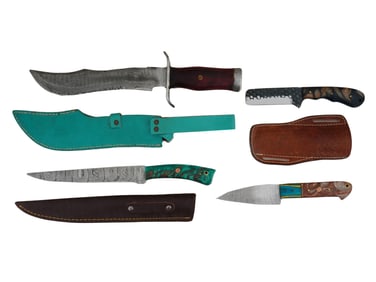 FOUR DAMASCUS STEEL KNIVES OF VARIOUS DESIGNS