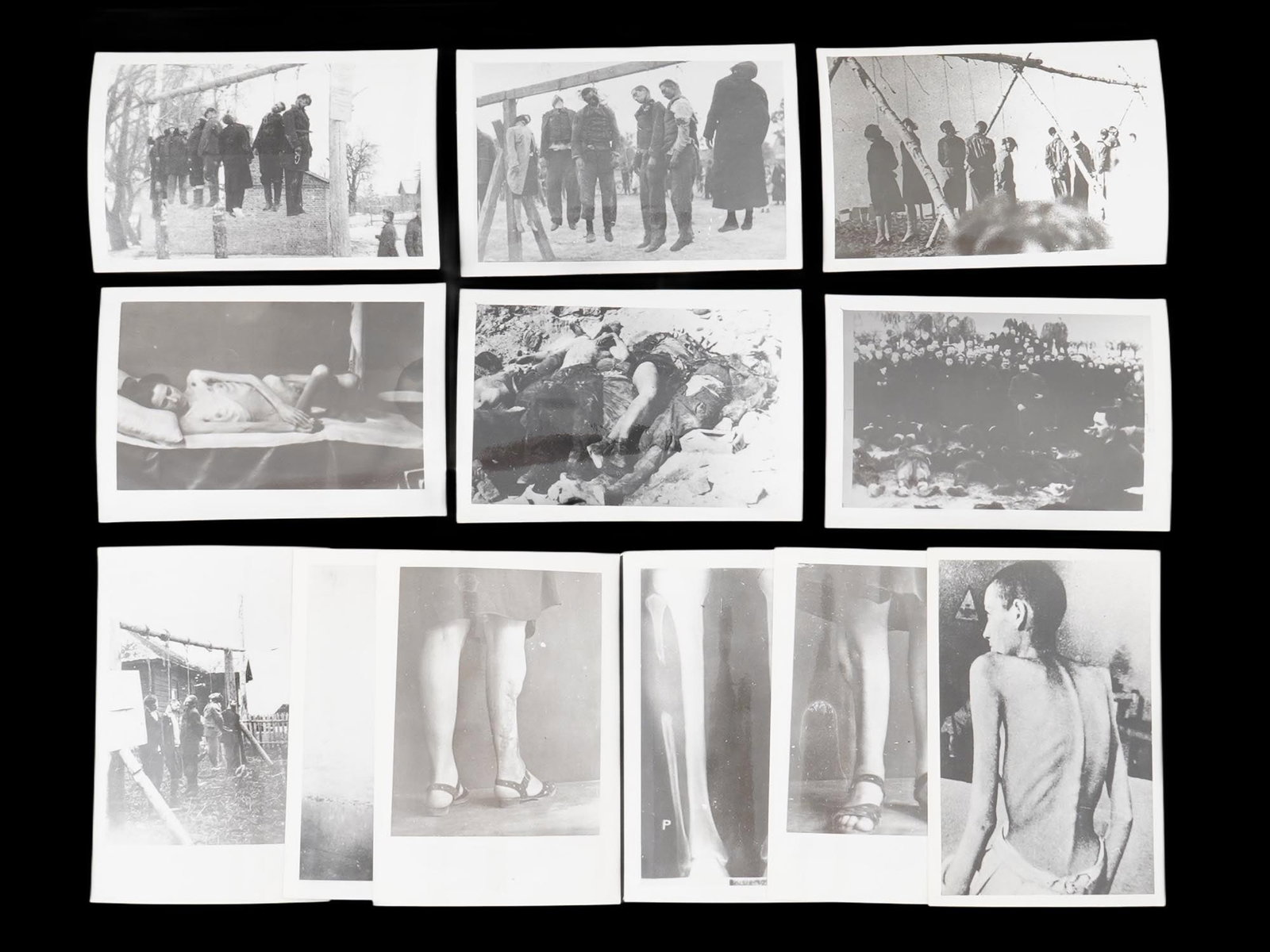 GROUP PHOTOS OF CONCENTRATION CAMPS POLISH ARCHIVES: A collection of twelve WWII black and white photos from Polish archives of Nazi atrocities against civilians. The photos depict portrait, outdoor scenes, group portraits, and others. Second World War 