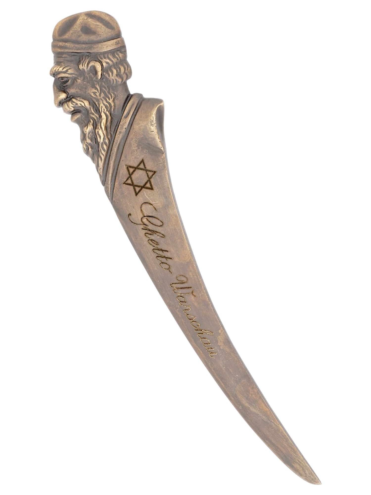 WWII HOLOCAUST JUDAICA WARSAW GHETTO LETTER OPENER: A World War II cast brass paper knife or letter opener. The figurative handle represents a profile of a Jewish man. The blade is engraved with a Magen David inscription Ghetto Warsaw. The Warsaw Ghett