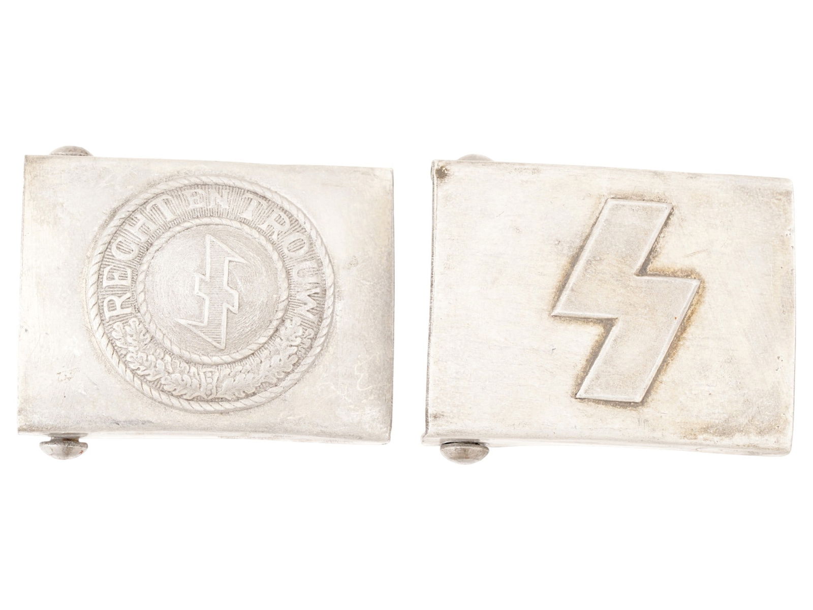 LOT OF TWO WWII MODEL GERMAN BELT BUCKLES: A lot of two WWII model German belt buckles: DJ, Deutsche Jungvolk and Flemish Black Brigade. The first buckle features an emblem with the text FRIEDRICH. The second on the right shows a single rune i