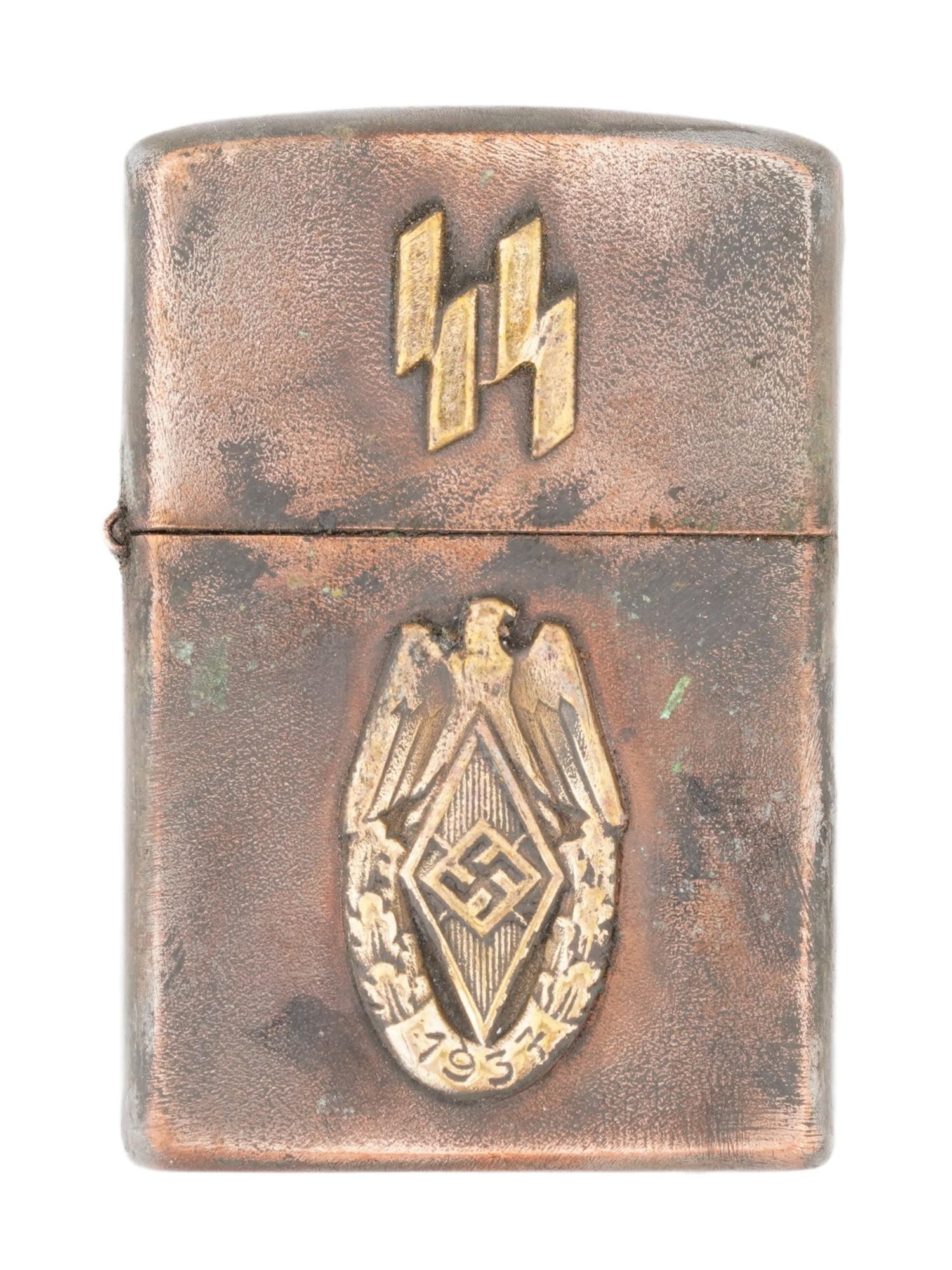 WWII MODEL GERMAN HITLER YOUTH CIGARETTE LIGHTER: A World War II style Nazi German pocket gas lighter. Stainless steel body decorated with overlay SS runes and Hitlerjugend emblem. Marked WaA142 on the bottom. Second World War Historical Collectables