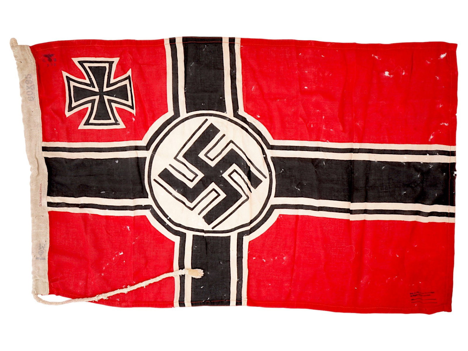 WWII TYPE NAZI GERMAN MILITARY BATTLE FLAG: A World War II type Nazi German fabric flag with swastika and Iron Cross. Features multiple stamps. Second World War Historical Collectables And Memorabilia, Militaria, Flags And Banners. THIS