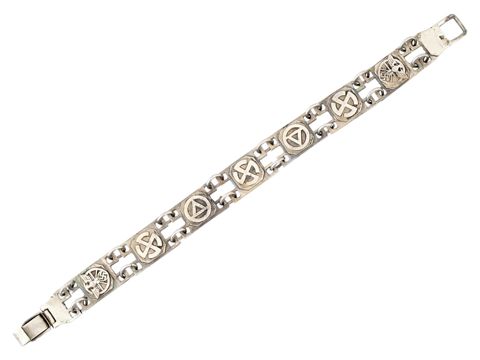 GERMAN WWII TYPE SS SECRET SOCIETY AHNENERBE BRACELET: A WWII type German Nazi Third Reich SS Ahnenerbe Secret Society metal bracelet. The links of the bracelet feature an embossed separate symbol related to the secret Ahnenerbe society. Marked with NSKK 