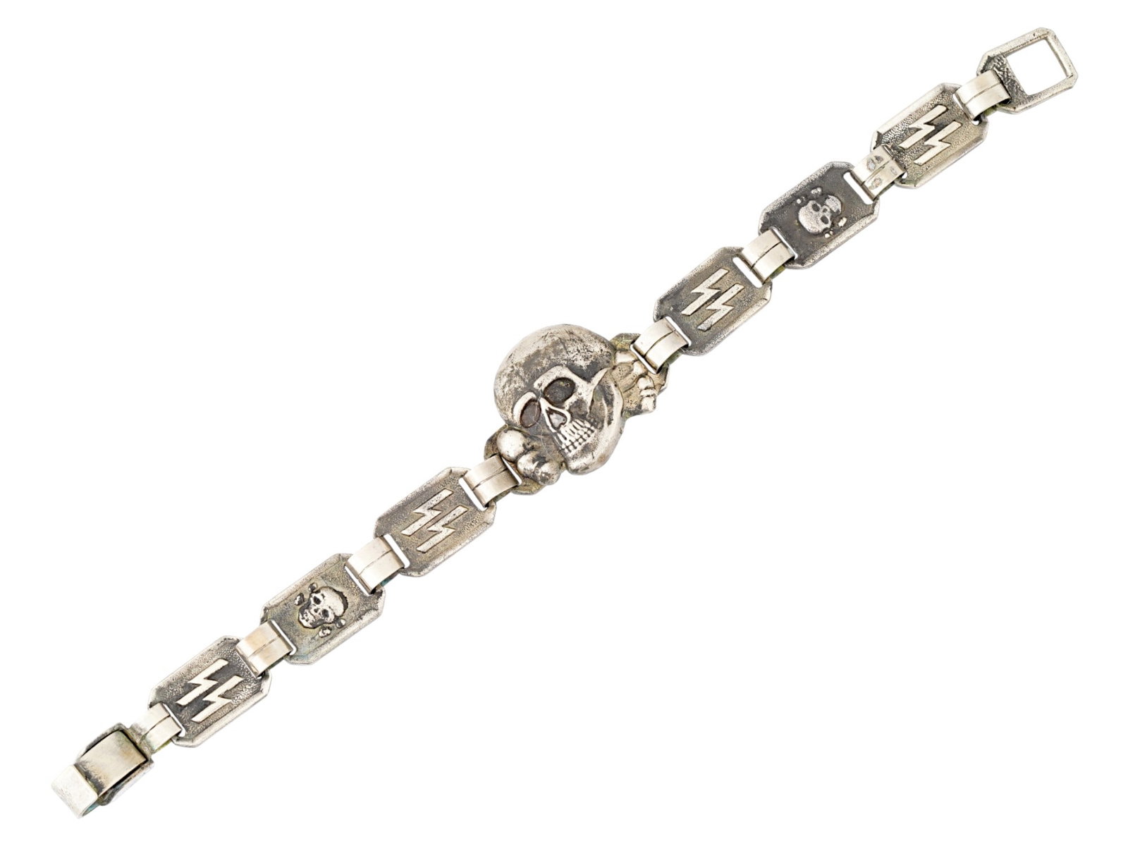 WWII MODEL NAZI GERMAN WAFFEN SS TOTENKOPF BRACELET: A WWII model Nazi German Waffen SS bracelet manufactured in a link design. The links are decorated with relief images of Totenkopf skulls and SS runes. The central link represents the relief Totenkopf