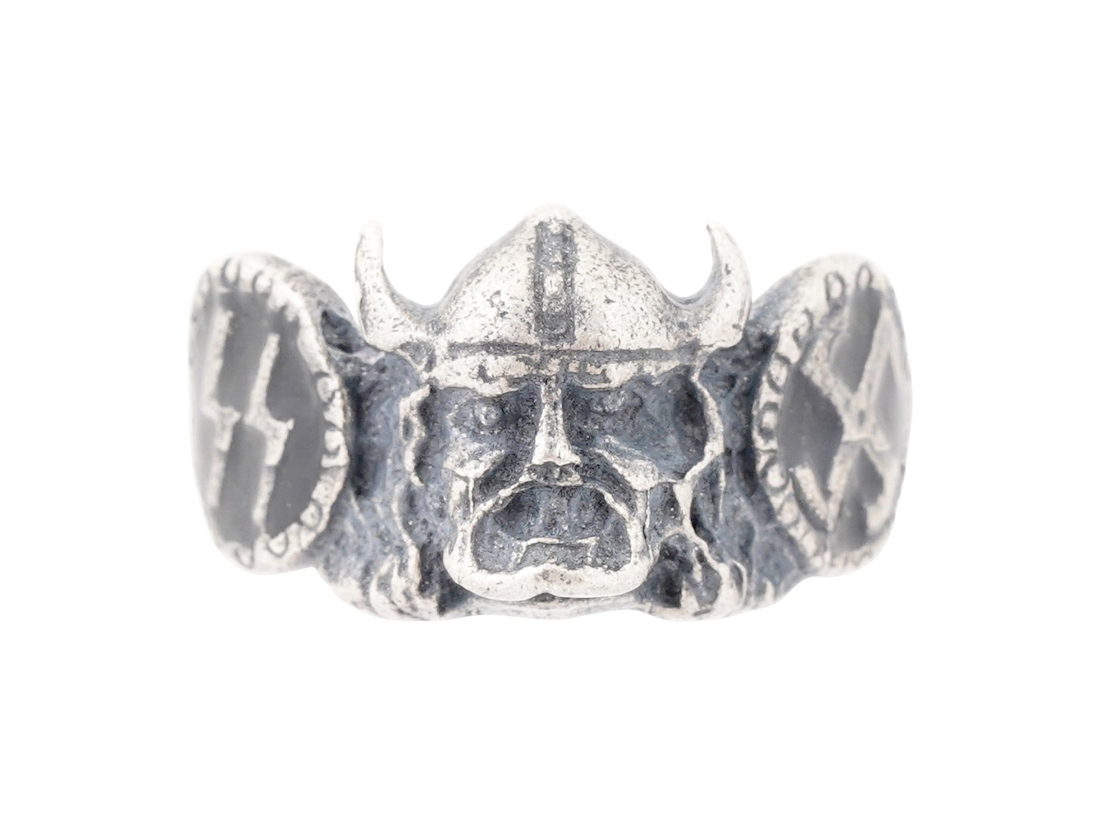 WWII MODEL GERMAN THIRD REICH SS 800 SILVER WIKING RING: A WWII model German Third Reich SS Wiking silver ring. The exterior of the ring is engraved and enameled with swastika insignia patterns on the sides, and a relief image of a head of a Viking in the c