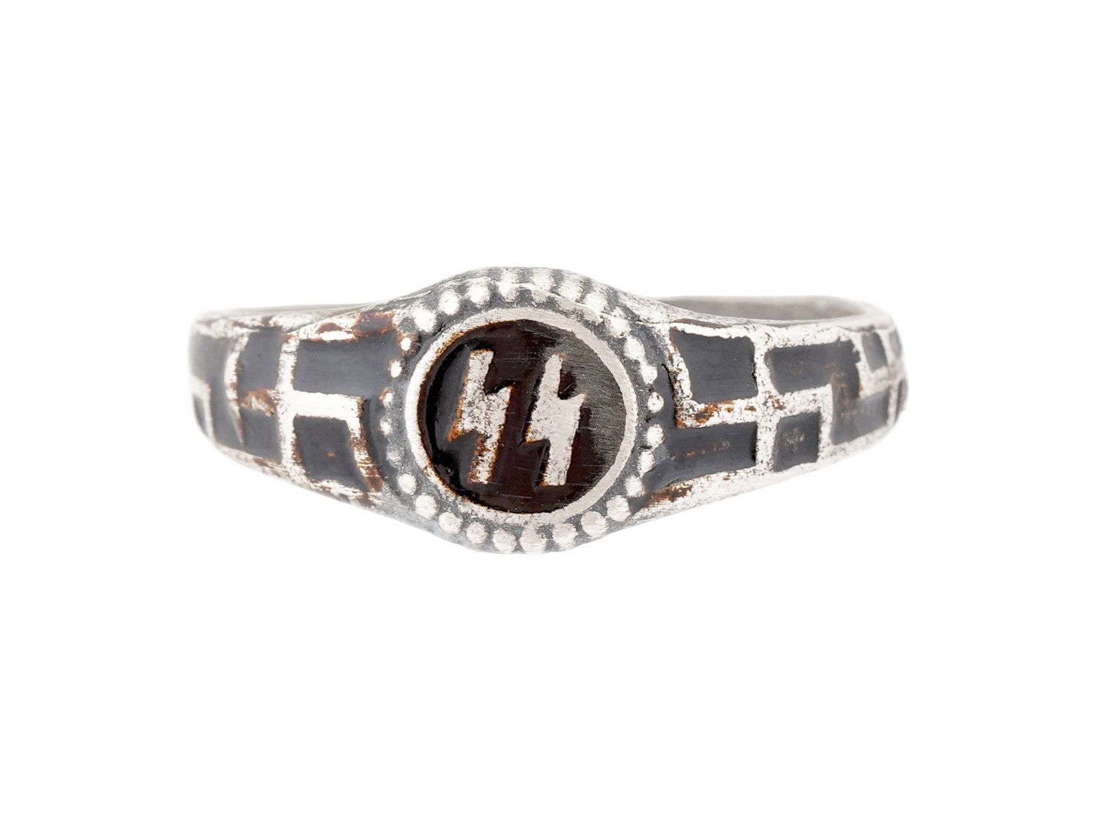 WWII MODEL NAZI GERMAN SS RUNES SILVER SIGNET RING: A World War II type Nazi German Waffen SS signet ring. Black enameled SS runes on the crown is flanked with swastikas. Marked with impressed marks, inside. Marked with an 800 Silver standard hallmark.