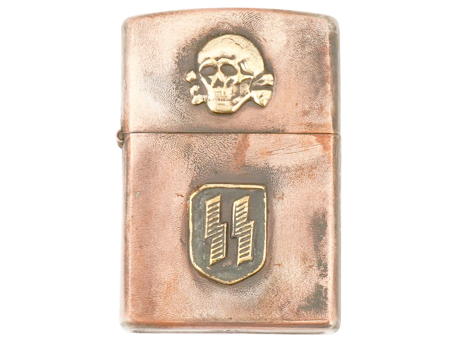 WWII TYPE GERMAN WAFFEN SS TOTENKOPF POCKET LIGHTER: A World War II type Nazi German Waffen SS pocket gas lighter. Stainless steel body decorated with a gilt overlay Totenkopf and SS runes. Marked RZM on the bottom. Second World War Historical Collectib