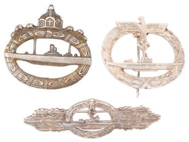 GROUP OF THREE GERMAN WWII MODEL U BOAT BADGES