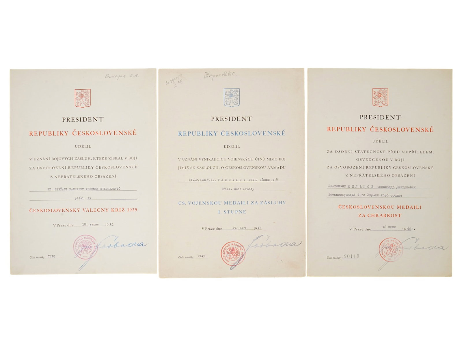 GROUP OF WWII CZECHOSLOVAKIAN RED ARMY AWARDS CITATIONS: A group of three WWII Czechoslovakian awards citations, all issued to Red Army personnel. All issued in 1945, 1946. Each has the hand stamped signature of the general Ludwig Svoboda, the first preside