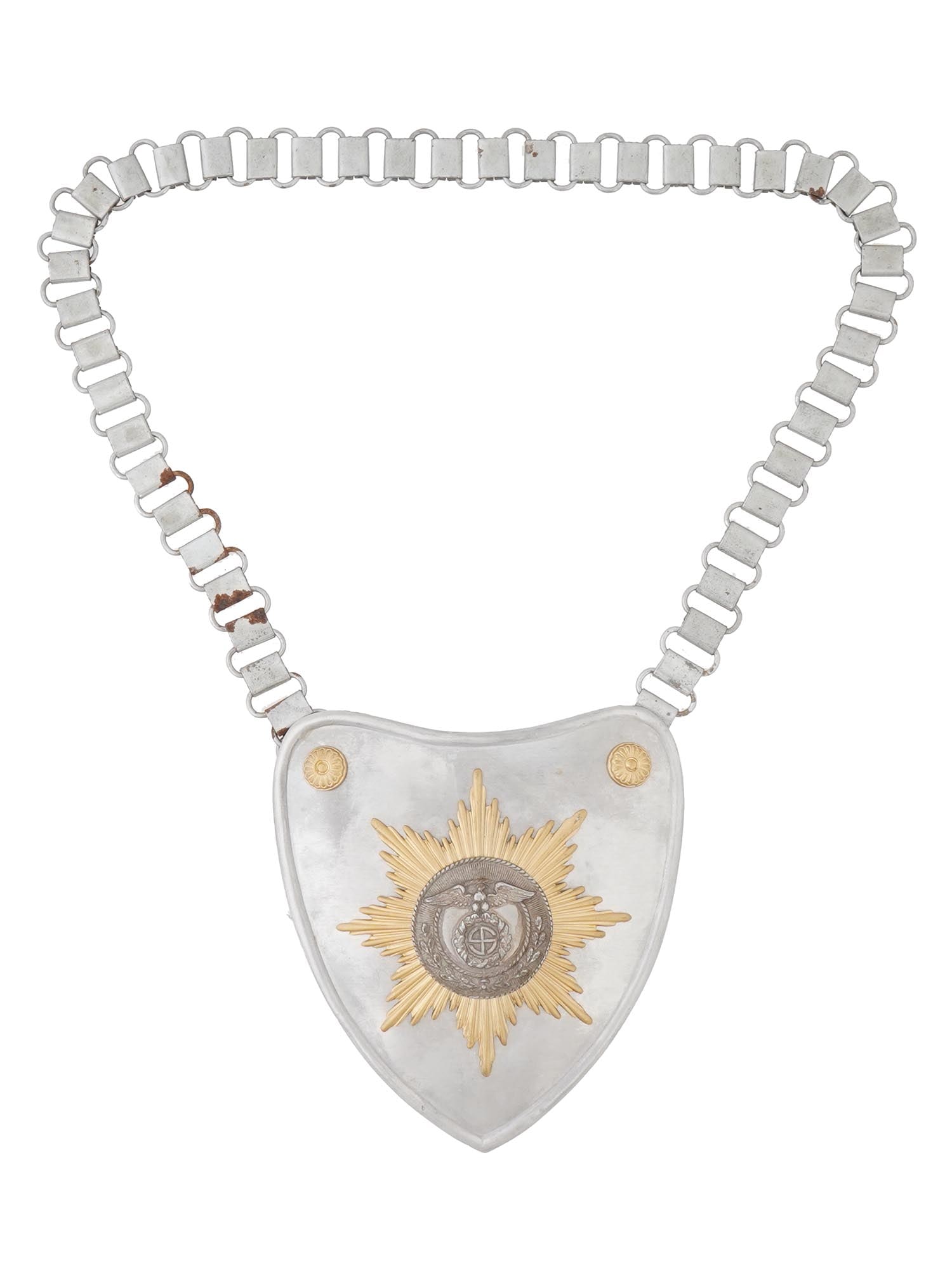 WWII TYPE NAZI GERMAN SA FLAG BEARER GORGET WITH CHAIN: A WWII type Nazi German stamped brass construction heart shaped gorget featuring a large tombak eight point sunburst pattern plate affixed to the center with a circular plate superimposed to center an
