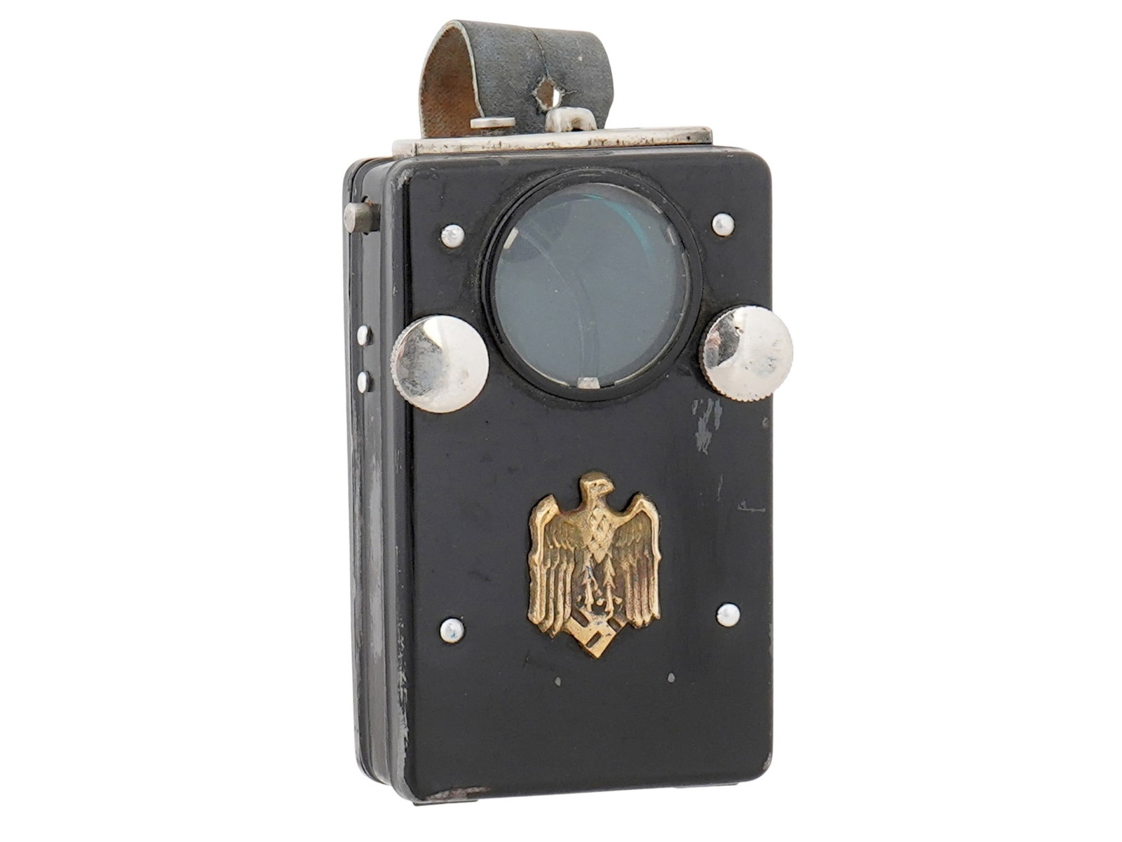 WWII TYPE NAZI GERMAN ARMY SIGNAL FLASHLIGHT FIELD LAMP: A WWII type Nazi German Army signal flashlight, or a field lamp, featuring an image of the eagle with outstretched wings clutching a swastika. Second World War Nazi German Military Accessories And Col