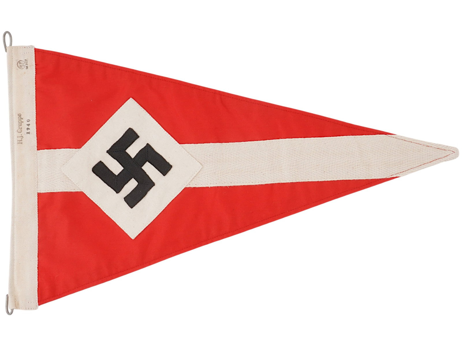 WWII TYPE GERMAN NAZI HJ GRUPPE TRIANGULAR FLAG: A WWII type German Nazi Third Reich triangular flag features a prominent white diagonal band running from the edge toward the end. Centered on this white band is a black swastika set within a white di