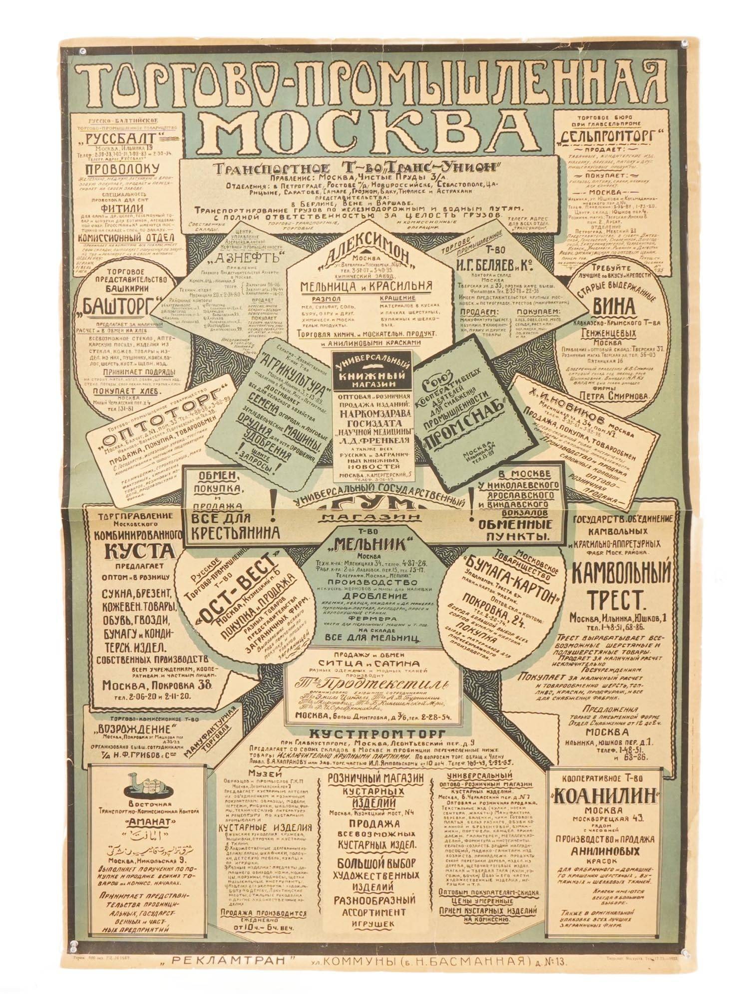 ANTIQUE RUSSIAN SOVIET ADVERTISING POSTER 1922: An antique Russian Soviet advertising poster or collection of advertisements from the early 20th century, titled Commercial and Industrial Moscow. Published by the advertising agency Reklamtran, 1922.