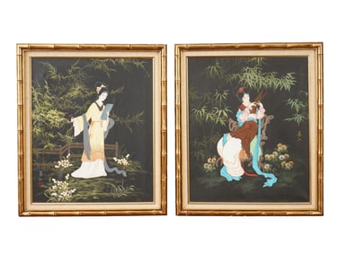 VINTAGE ASIAN OIL PAINTINGS FEMALE FIGURES SIGNED