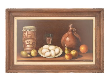 MID CENTURY PAINTING SIGNED M. ROSTAN MONTOYA STILL LIFE