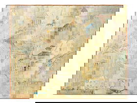 ABSTRACT PAINTING SEAPORT SIGNED MILDRED MURDOCK 1985: An abstract mixed media painting on canvas, Seaport, signed lower right Mildred Murdock, and signed again on the back and dated 1985. This expressionist composition depicts a stylized harbor town or c