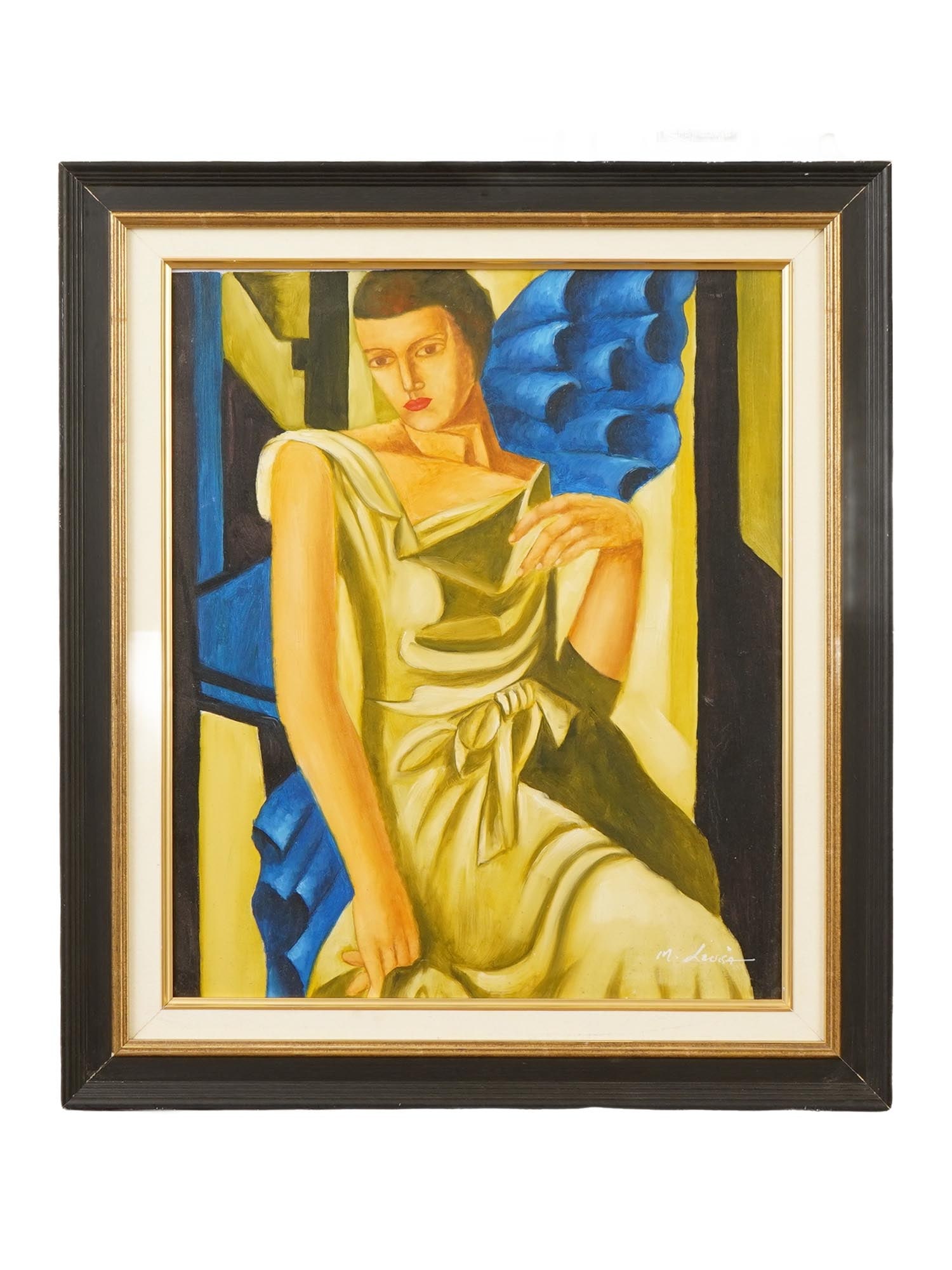 PORTRAIT OIL PAINTING AFTER TAMARA DE LEMPICKA SIGNED: A Modernist oil painting on canvas depicting a portrait of a lady after the original artwork by Tamara de Lempicka, Polish, 1898 to 1980. Signed, probably M. Levisa, lower right. Framed. Tamara de Lem