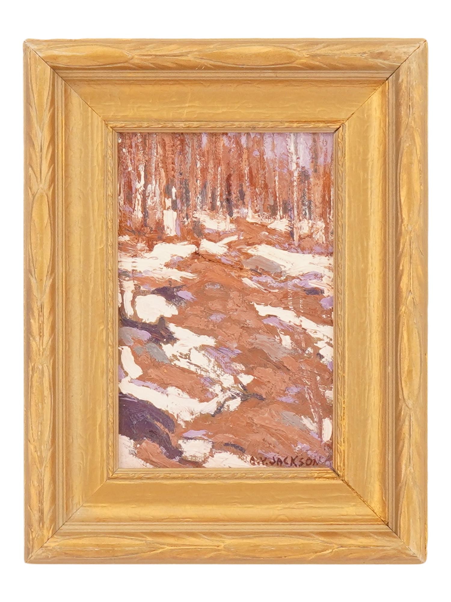 CANADIAN LANDSCAPE OIL PAINTING SIGNED A Y JACKSON: Signed Alexander Young Jackson, Canadian, 1882 to 1974, oil painting on board depicting a forest landscape. Signed lower right. Framed. Bears a paper label from the Art Gallery in Ontario, inscribed w