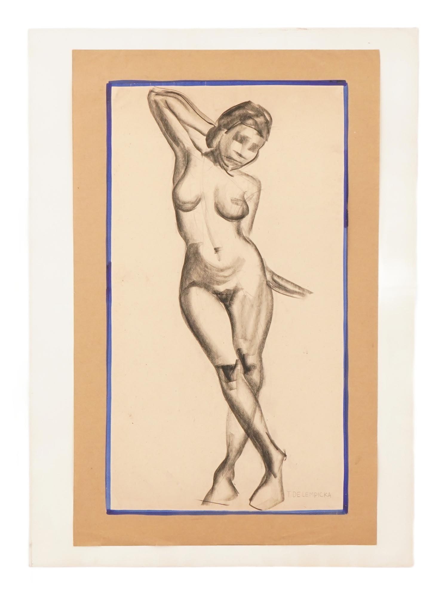 AMERICAN PAINTING ATTR TO TAMARA LEMPICKA FEMALE NUDE: A charcoal drawing on paper attributed to Tamara de Lempicka, Polish, 1894 to 1980, depicting a reclining nude woman rendered with fluid, graceful lines. The minimalist execution and confident draftsm