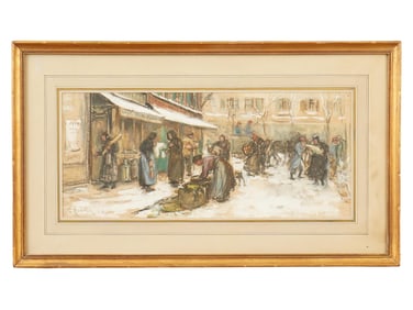 SIGNED E HUNTER ANTIQUE FRENCH MIX MEDIA PAINTING