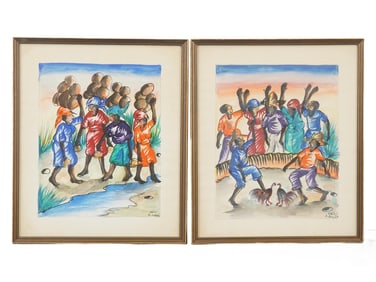PAIR HAITIAN GENRE WATERCOLOR PAINTINGS BY L ANDRE