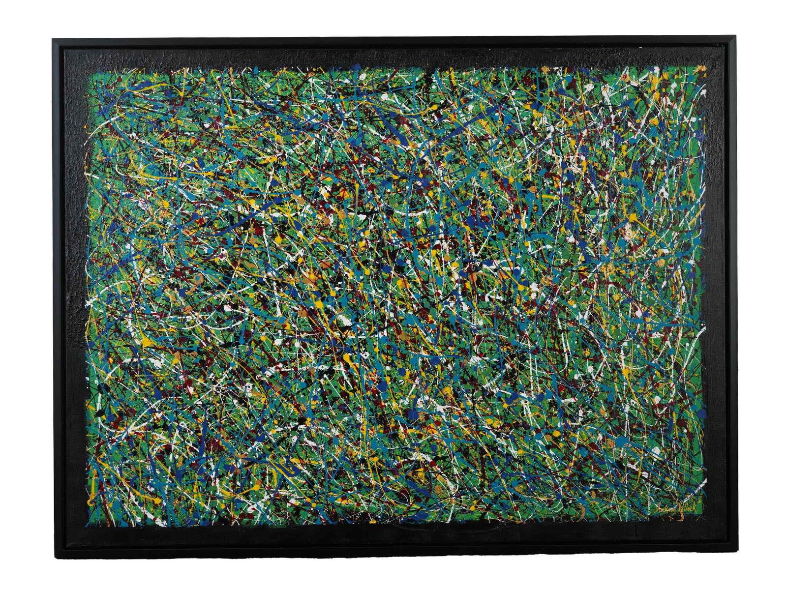 JACKSON POLLOCK MANNER ABSTRACT ACRYLIC PAINTING: An acrylic painting on canvas depicting an abstract expressionist composition in the manner of Jackson Pollock, American, 1912 to 1956. Signed, Jackson Pollock, lower right. Framed. Provenance: Estate