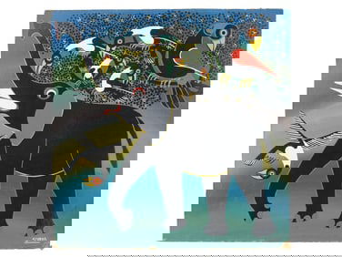 ATTR TO STEVEN SIYAYA OIL PAINTING ELEPHANT WITH BIRDS