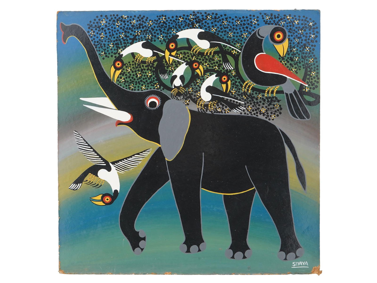 ATTR TO STEVEN SIYAYA OIL PAINTING ELEPHANT WITH BIRDS (1 of 4)