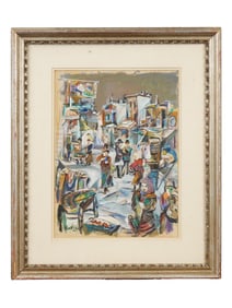 ATTR TO DAVID BURLIUK CITYSCAPE MIXED MEDIA PAINTING