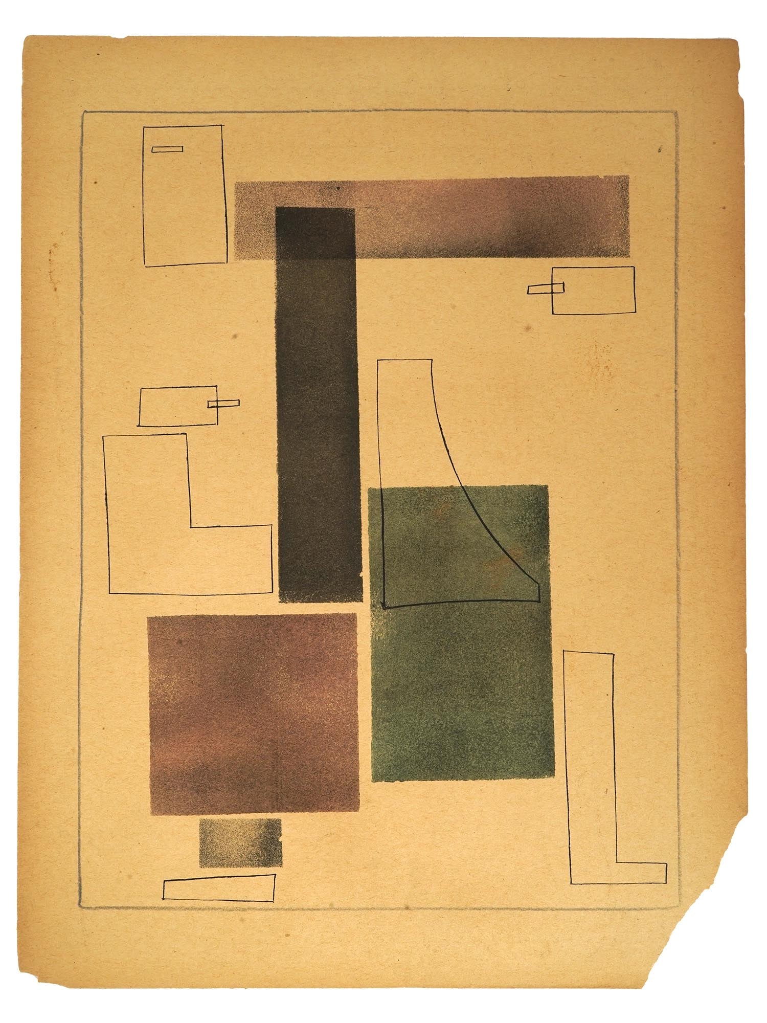 RUSSIAN MIXED MEDIA PAINTING ATTR VLADIMIR LEBEDEV: Attributed to Vladimir Vasilyevich Lebedev, Russian, Soviet era, 1891 to 1967, mixed media, watercolor and ink, painting on paper depicting a Constructivist composition. Unsigned. A plan for arranging