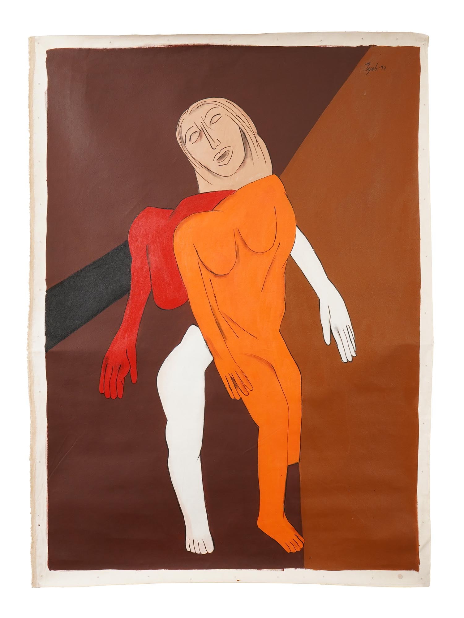 SIGNED TYEB MEHTA INDIAN OIL PAINTING: Signed Tyeb Mehta, Indian, English, 1925 to 2009, oil painting on canvas depicting a portrait and an abstract composition, 1979. Signed upper right. Tyeb Mehta was an Indian painter, sculptor, and fil