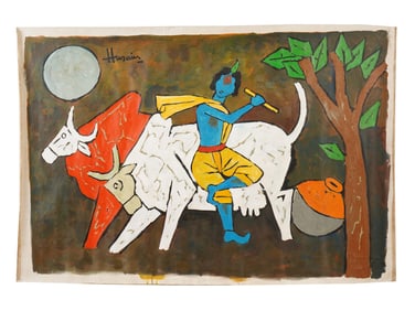 SIGNED MF HUSAIN INDIAN OIL PAINTING WITH COA