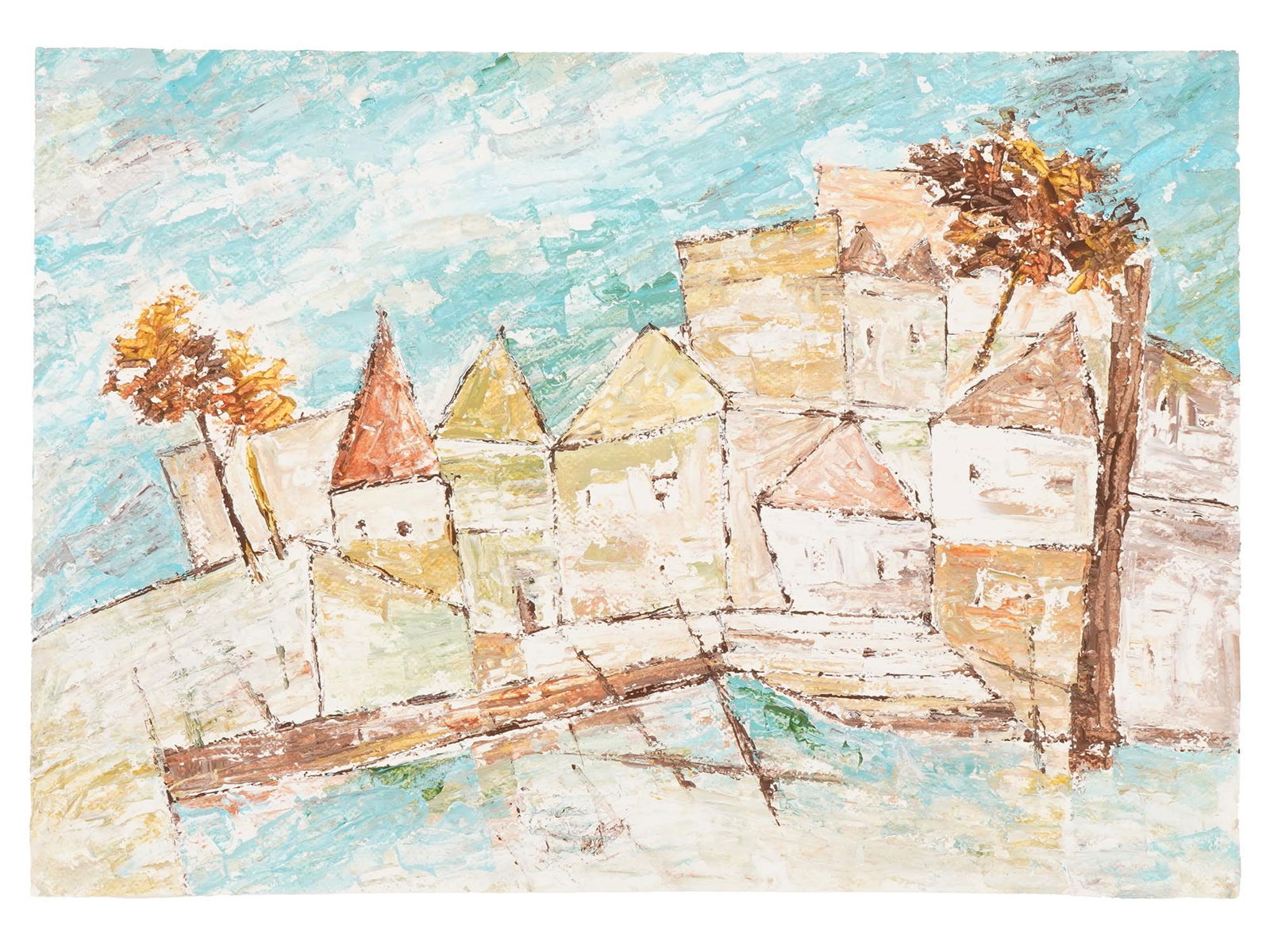 SIGNED RAM KUMAR INDIAN LANDSCAPE PAINTING W COA: Acrylic on paper painting, signed Ram Kumar, Indian, 1924 to 2018. The artwork represents a view of a seaside town. Signed and dated 2007 on the backside. Unframed. The artwork comes with a certificat