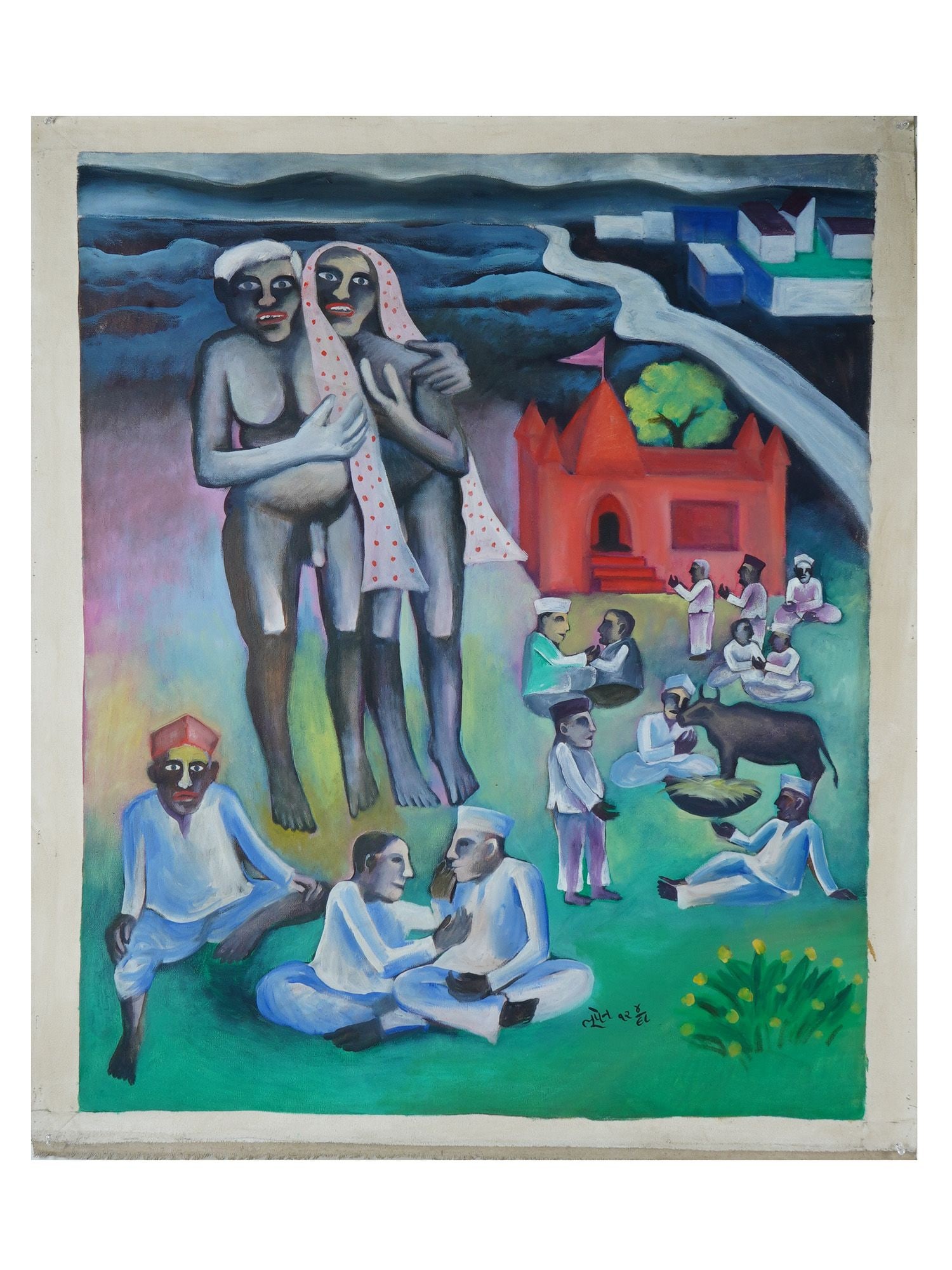 INDIAN SCHOOL OIL PAINTING SIGNED BHUPEN KHAKHAR: A modern Indian school oil painting on canvas depicting various figures, signed Bhupen Khakhar lower right. Bhupen Khakhar, 1934 to 2003, was a celebrated Indian artist and a prominent member of the B