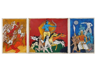 MID CENT INDIAN TRIPTYCH PAINTING SIGNED HUSAIN