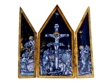 ANTIQUE MEDIEVAL FRENCH ENAMEL CRUCIFIXION TRIPTYCH