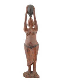 AFRICAN HAND CARVED WOODEN SCULPTURE OF WOMAN DRINKING