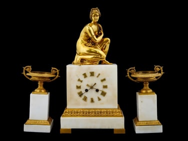 ANTIQUE FRENCH CHARLES X GILT BRONZE MARBLE CLOCK