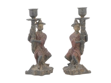 PAIR OF VTG CHINOISERIE PAINTED BRONZE CANDLE HOLDERS