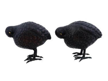 PAIR OF JAPANESE MIXED METAL QUAILS BIRDS FIGURES