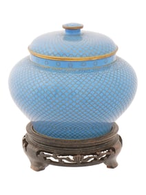 CHINESE BLUE CLOISONNE ENAMEL LIDDED JAR W WOOD STAND