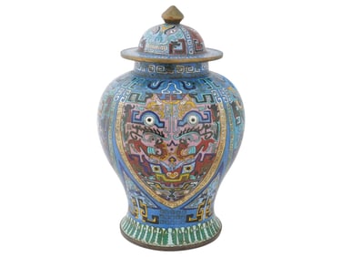 LARGE CHINESE 19TH C CLOISONNE ENAMEL LIDDED JAR