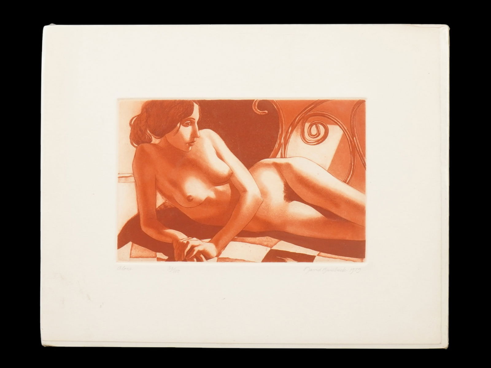 LTD AMERICAN NUDE ETCHING BY DAVID BUMBECK SIGNED: David Bumbeck, American, born 1941, a limited edition etching and aquatint on paper, Alone, 1979. Signed and dated in pencil, lower right. Titled in pencil, lower left. Numbered 37 of 100 in pencil, l