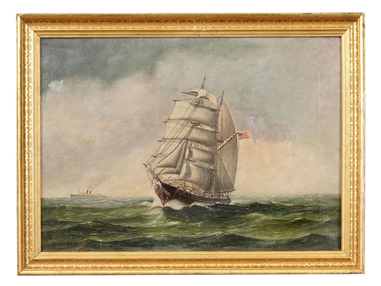 Oil Painting On Canvas Sailing Ship Signed Morgan