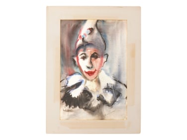 FRENCH WATERCOLOR CLOWN PAINTING BY RENEE FOUCAULT