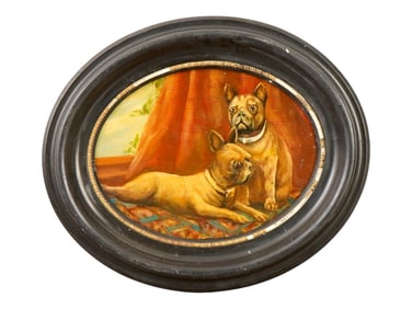 OVAL OIL PAINTING WITH TWO FRENCH BULLDOGS